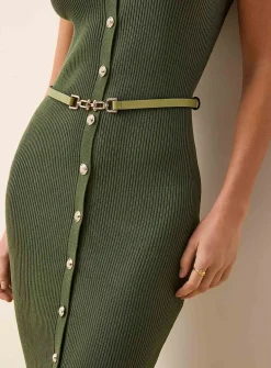 Rib-knit belted and buttoned dress