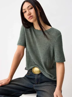Rolled trim fine-knit sweater