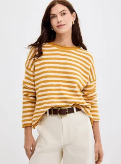 Rolled trim striped sweater