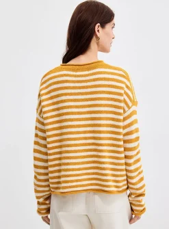 Rolled trim striped sweater