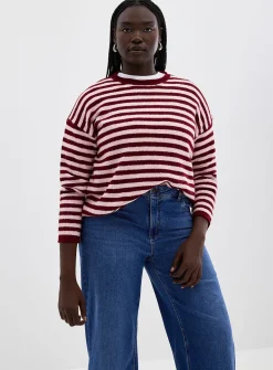 Rolled trim striped sweater