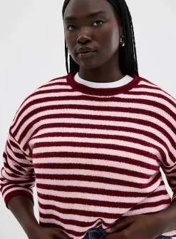 Rolled trim striped sweater