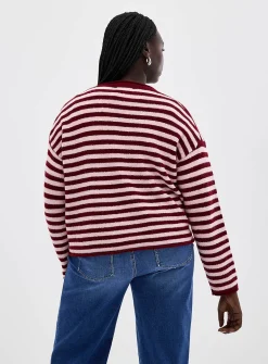 Rolled trim striped sweater