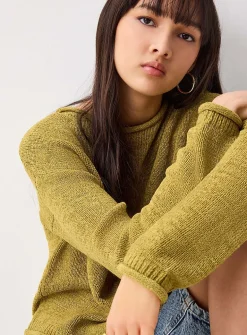Rolled-trim boat-neck sweater