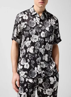Rose print silky bowling shirt