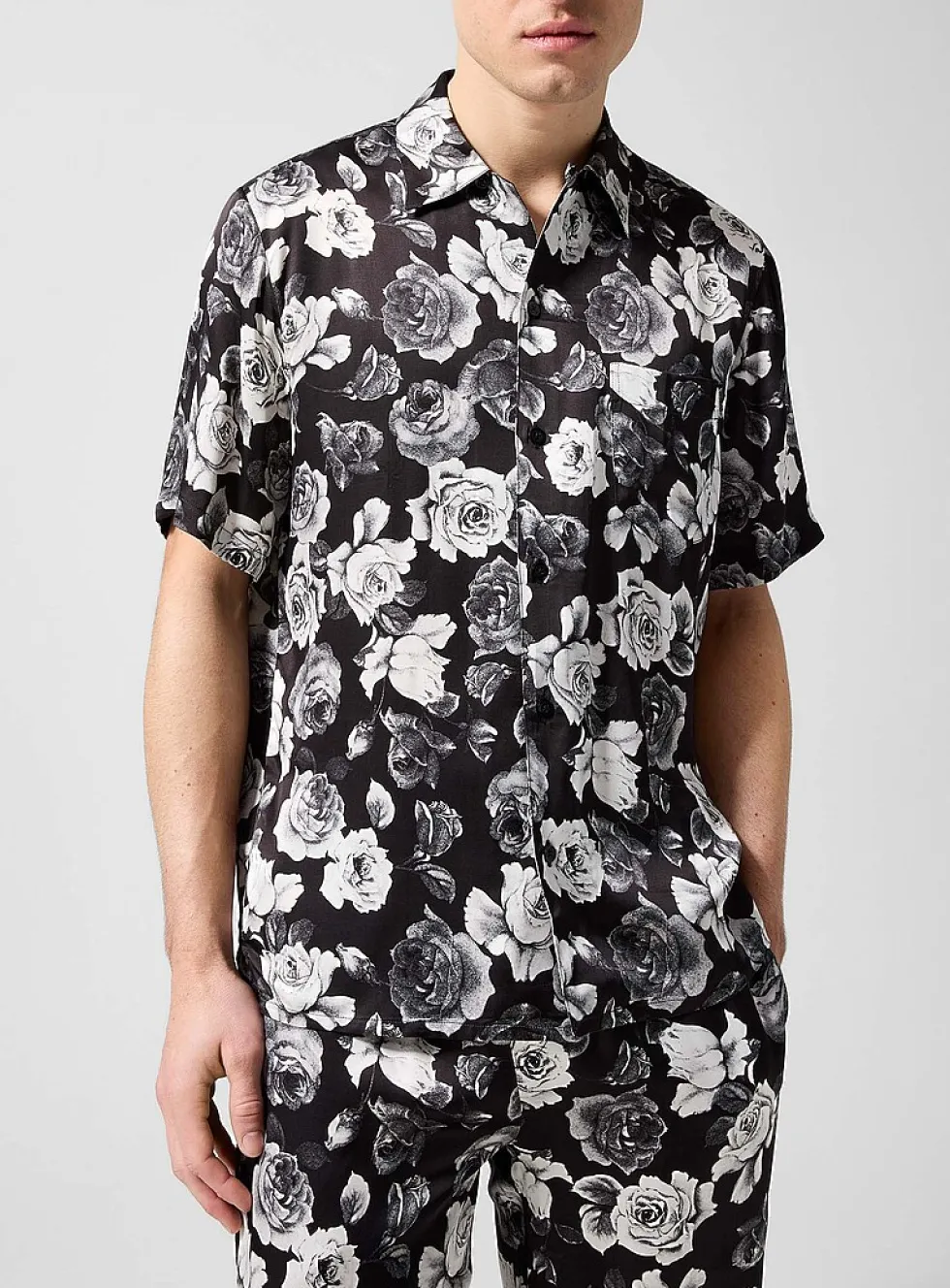 Rose print silky bowling shirt