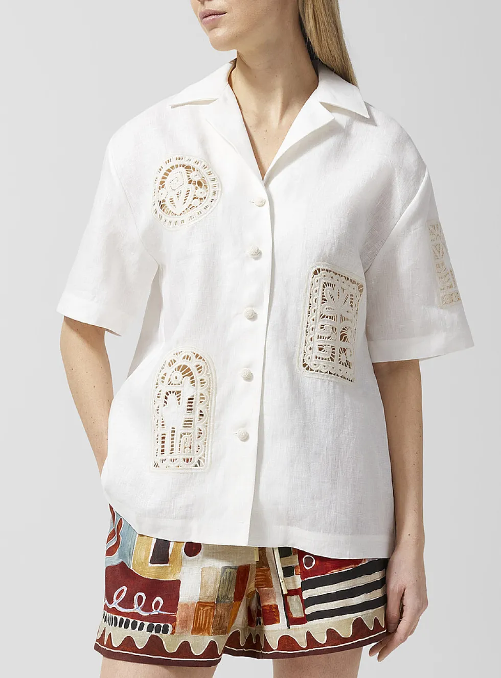 Rosemary openwork embroidery pure linen shirt
