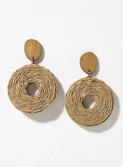 Round wood and raffia earrings