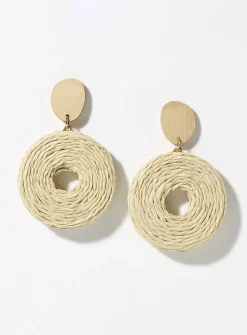 Round wood and raffia earrings
