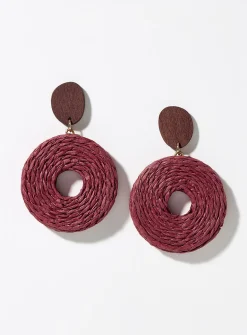 Round wood and raffia earrings
