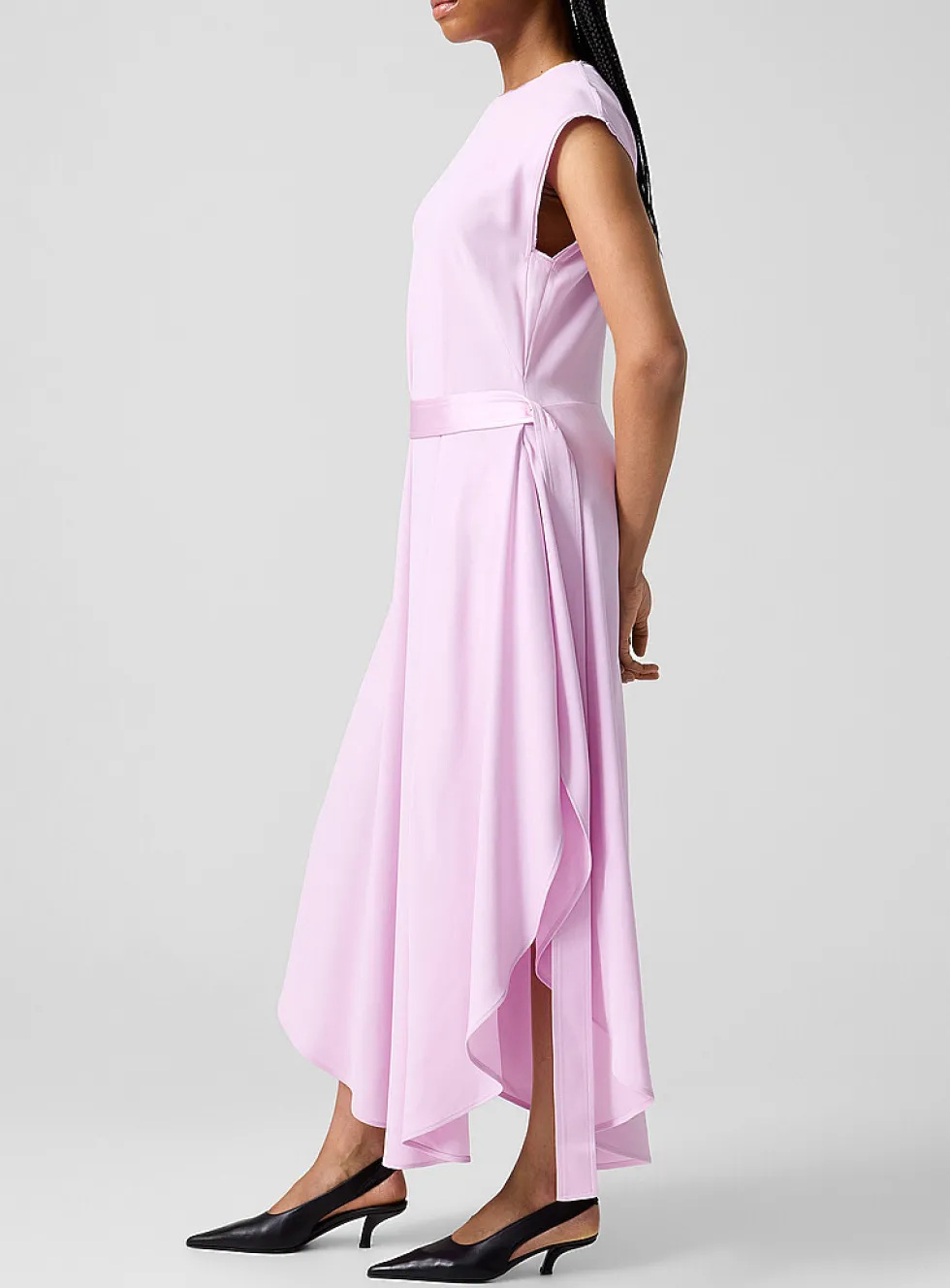 Rounded hem reversed satin dress