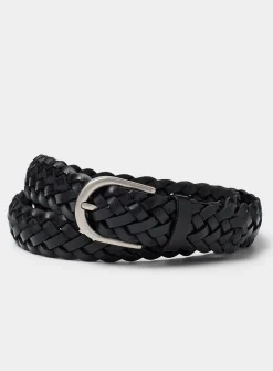 Rounded-buckle braided leather belt