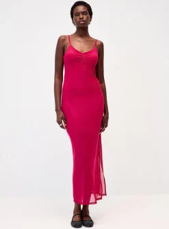 Ruched bodice mesh maxi dress