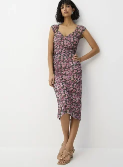 Ruched micromesh midi dress