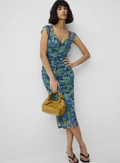 Ruched micromesh midi dress