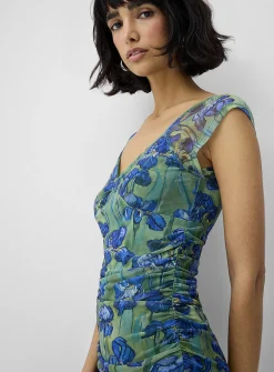 Ruched micromesh midi dress