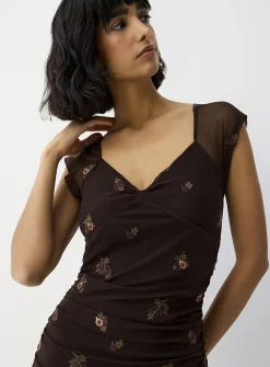 Ruched micromesh midi dress