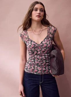 Ruched micromesh T-shirt