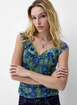 Ruched micromesh T-shirt