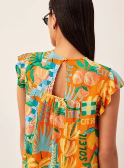 Ruffle sleeves crew-neck blouse