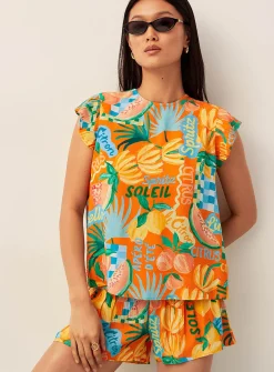 Ruffle sleeves crew-neck blouse