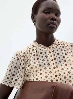 Ruffled collar printed chiffon blouse