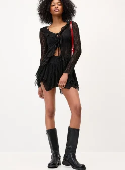 Ruffled lace tie-front cardigan