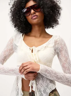 Ruffled lace tie-front cardigan