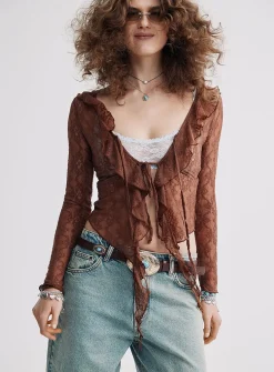 Ruffled lace tie-front cardigan