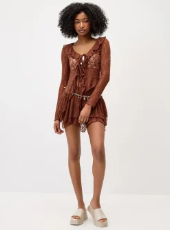 Ruffled lace tie-front cardigan