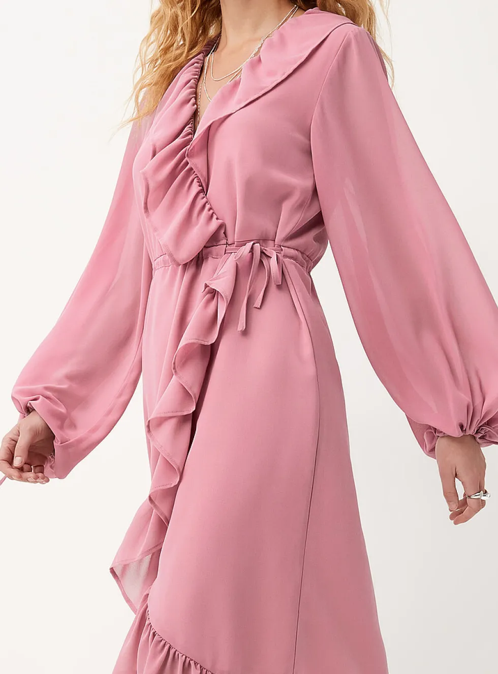 Ruffled sheer chiffon wraparound dress