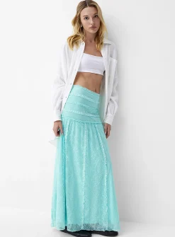 Ruffled stretch lace maxi skirt