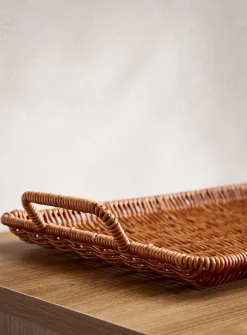 Rusty brown faux-rattan rectangular tray