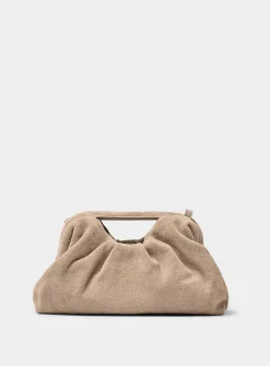 Sand-beige pleated suede evening bag