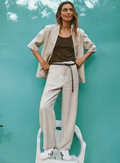 Sand-coloured pinstripe linen pant