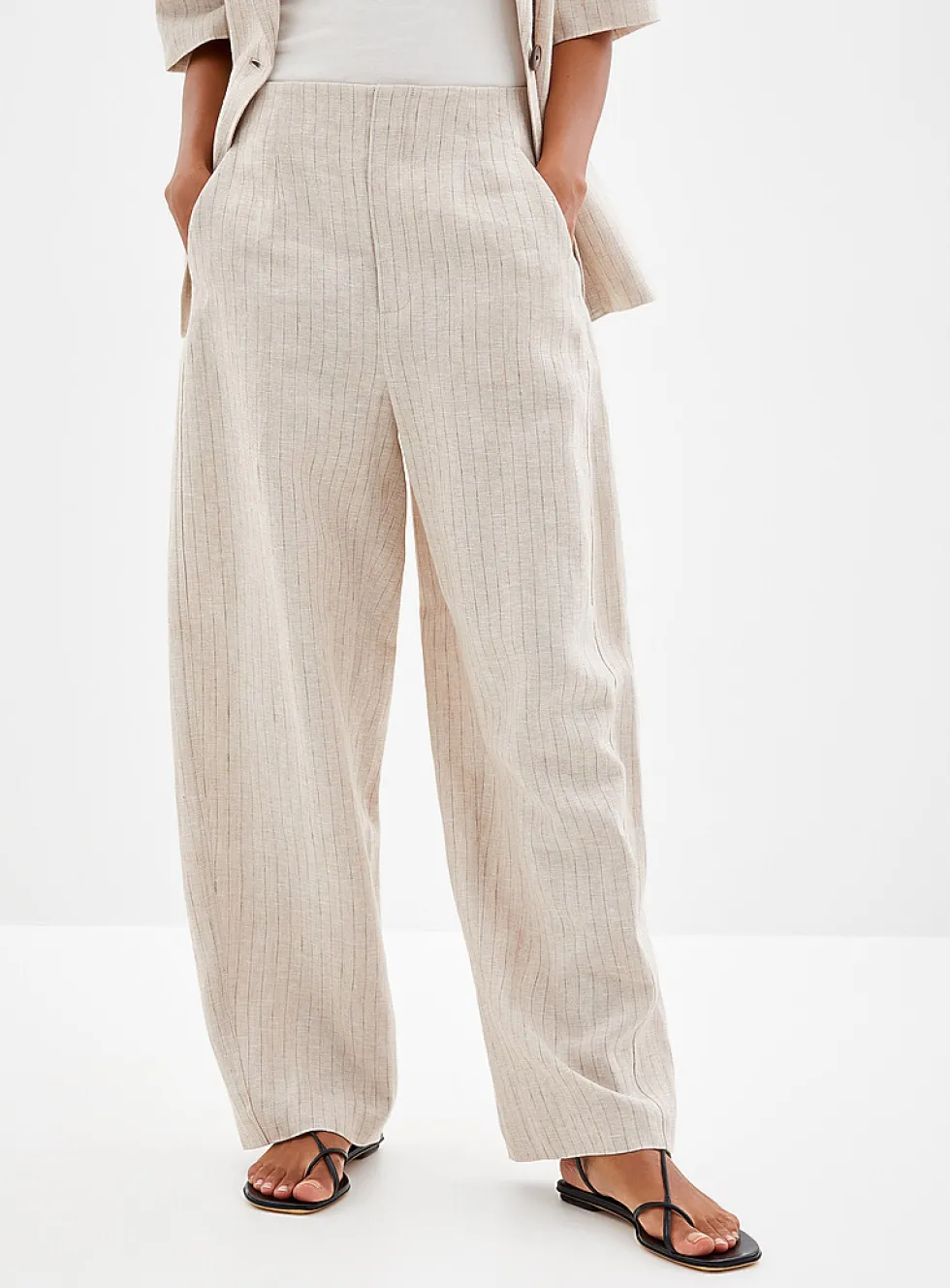 Sand-coloured pinstripe linen pant