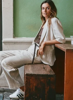Sand-coloured pinstripe linen blazer