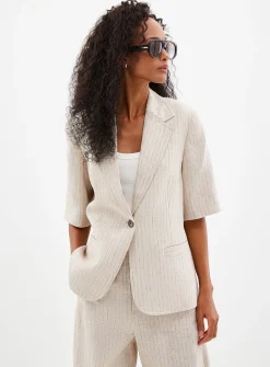 Sand-coloured pinstripe linen blazer