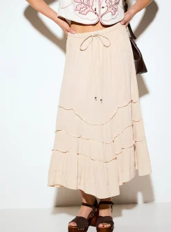 Sandy beige frill-band flared skirt