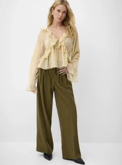 Sash-belt pleated wide-leg pant