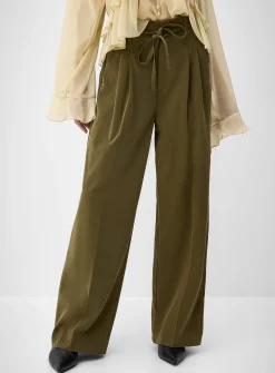 Sash-belt pleated wide-leg pant