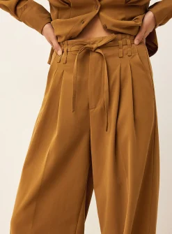 Sash-belt pleated wide-leg pant