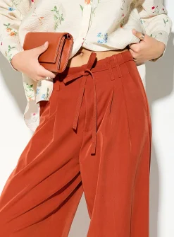 Sash-belt pleated wide-leg pant