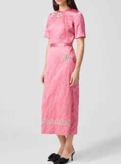 Satin belted midi dress with embroidered embellishments