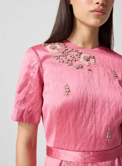 Satin belted midi dress with embroidered embellishments