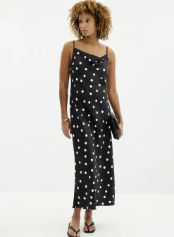 Satiny polka dot cowl-neck dress