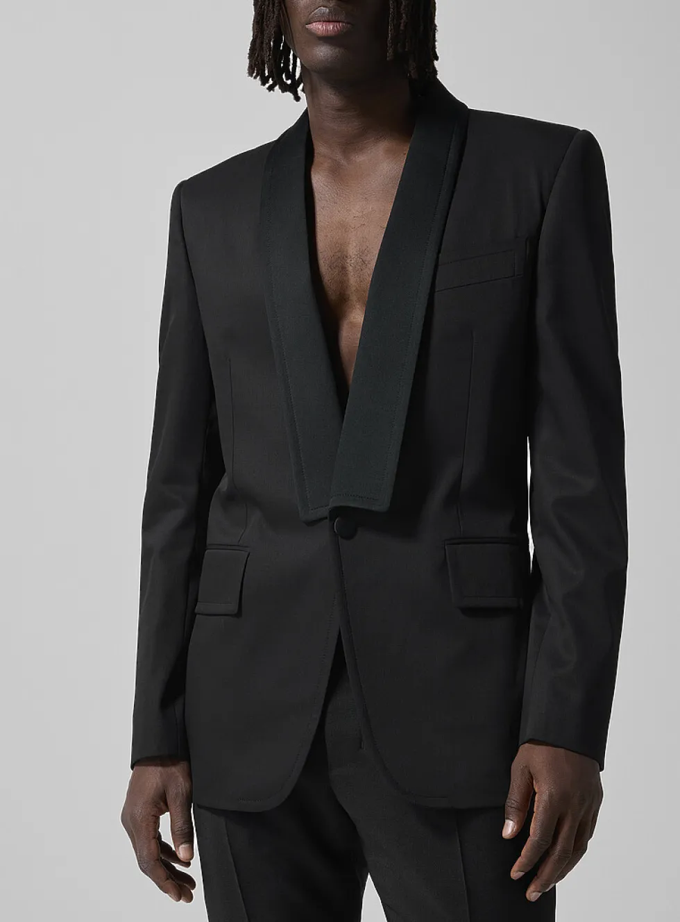 Satiny shawl collar tuxedo jacket