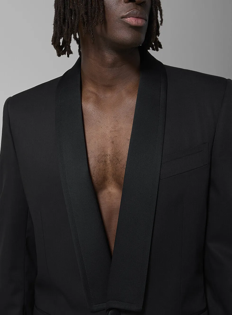 Satiny shawl collar tuxedo jacket