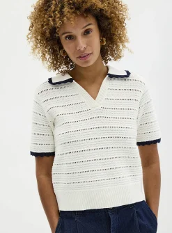 Scalloped Johnny collar openwork sweater
