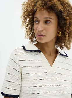 Scalloped Johnny collar openwork sweater